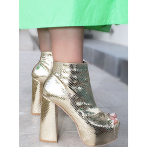 BOTÍN PEEP TOE ORO DE TACÓN CAMPANA CON PLATAFORMA (MOD 362)