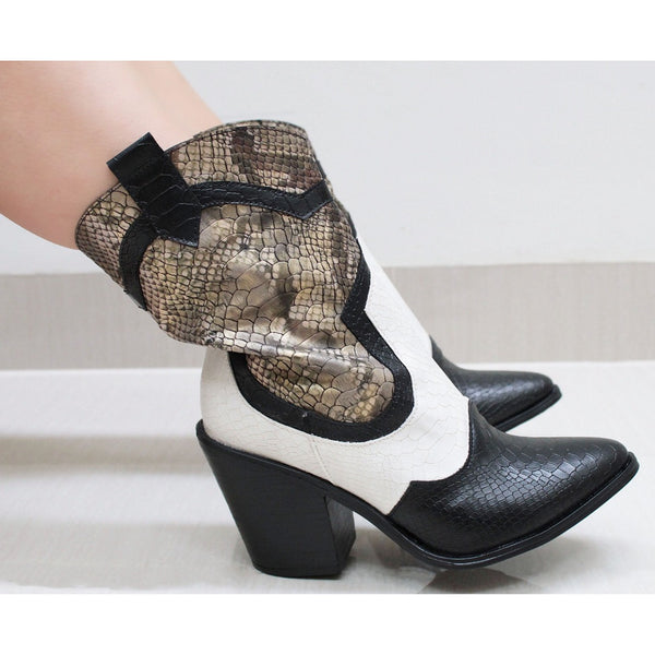 BOTÍN VAQUERO NEGRO/HUESO/ANIMAL PRINT DE TACÓN GRUESO (MOD 230)