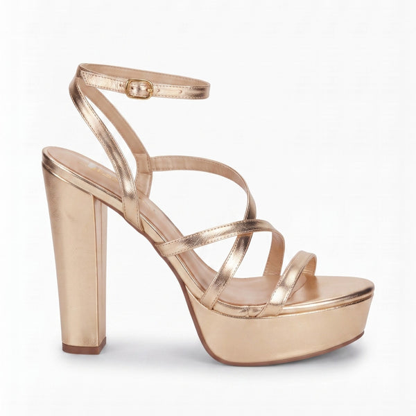 ZAPATILLA ORO DE TACÓN GRUESO CON PLATAFORMA Y TIRAS (MOD 7184)