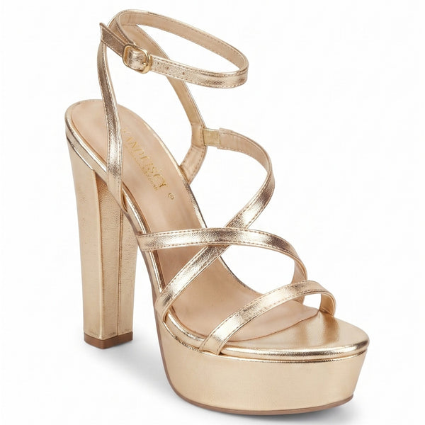 ZAPATILLA ORO DE TACÓN GRUESO CON PLATAFORMA Y TIRAS (MOD 7184)