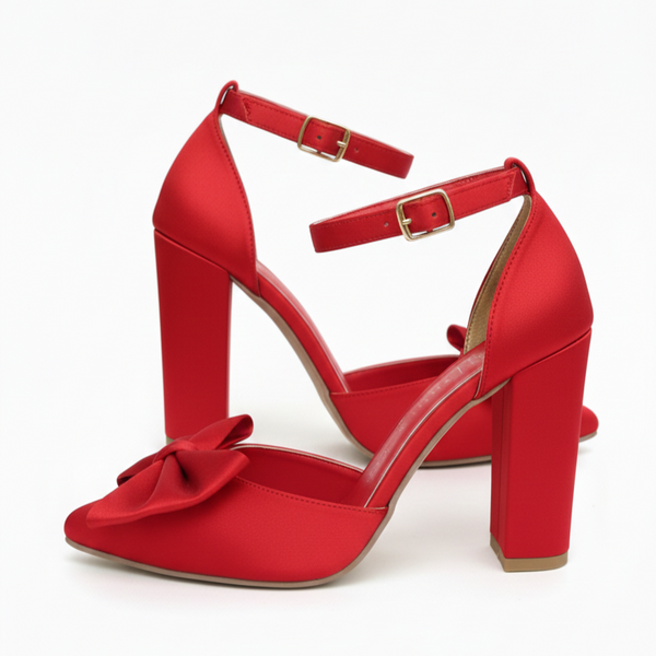 ZAPATILLA PUNTAL ROJA DE TACÓN GRUESO CON MOÑO (MOD 4009)