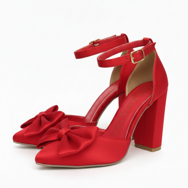 ZAPATILLA PUNTAL ROJA DE TACÓN GRUESO CON MOÑO (MOD 4009)