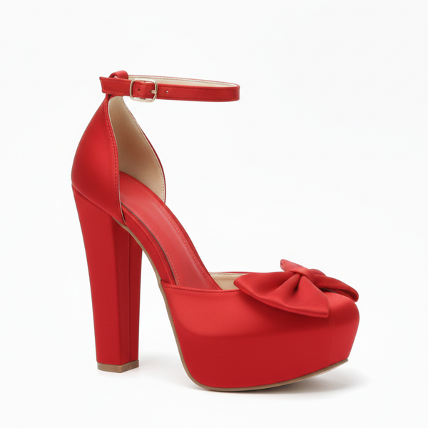 ZAPATILLA ROJA CON MOÑO DE TACÓN GRUESO Y PLATAFORMA (MOD 1000)