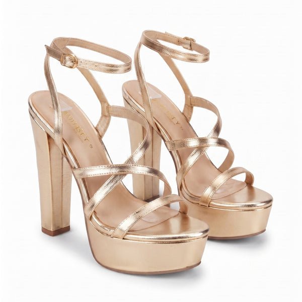 ZAPATILLA ORO DE TACÓN GRUESO CON PLATAFORMA Y TIRAS (MOD 7184)