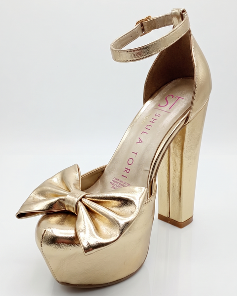 ZAPATILLA ORO CON MOÑO DE TACÓN GRUESO Y PLATAFORMA (MOD 1000)