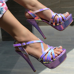 SANDALIA LILA MULTICOLOR DE TACÓN DE AGUJA CON PLATAFORMA Y TIRAS (MOD 7144)