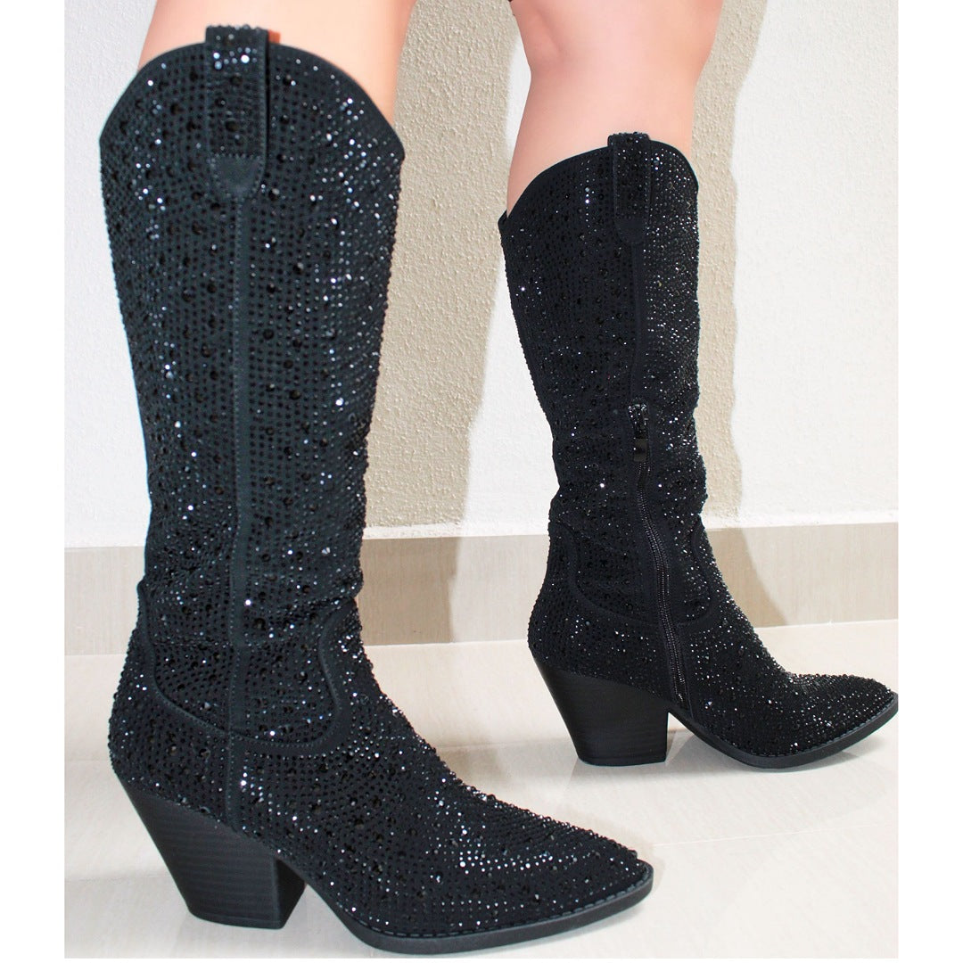 BOTA VAQUERA NEGRA DE TACÓN GRUESO CON PIEDRAS (MOD RIHANNA)