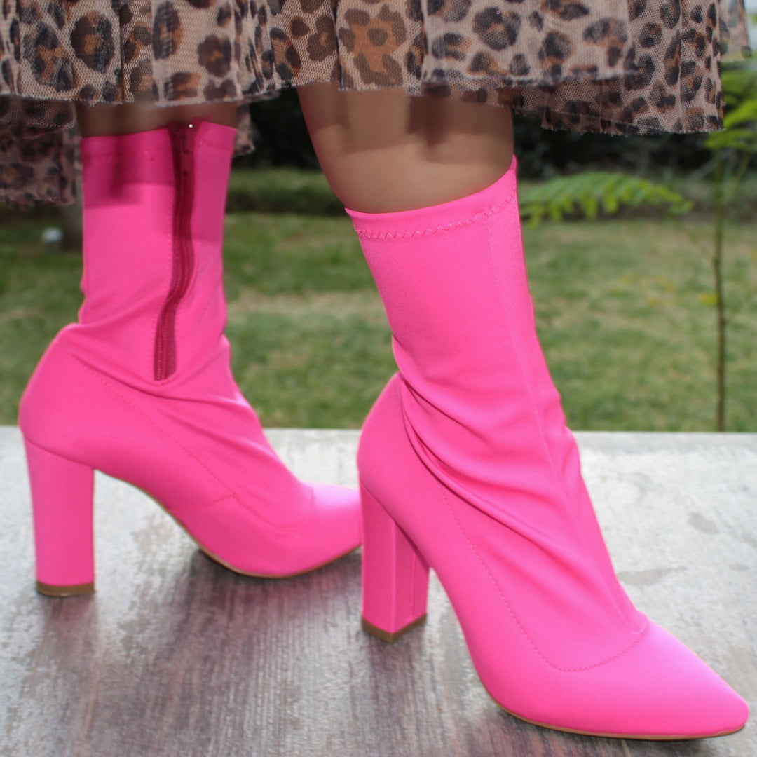 BOTÍN STILETTO STRETCH ROSA NEÓN DE TACÓN GRUESO (MOD 1012)