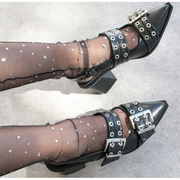 ZAPATILLA NEGRA DE TACÓN GRUESO CON HEBILLAS (MOD ADRIANNA)