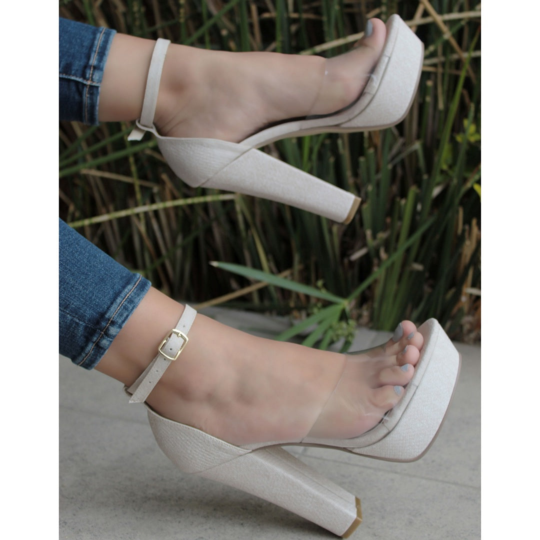 SANDALIA BEIGE/TRANSPARENTE DE TACÓN GRUESO CON PLATAFORMA (MOD 7145)