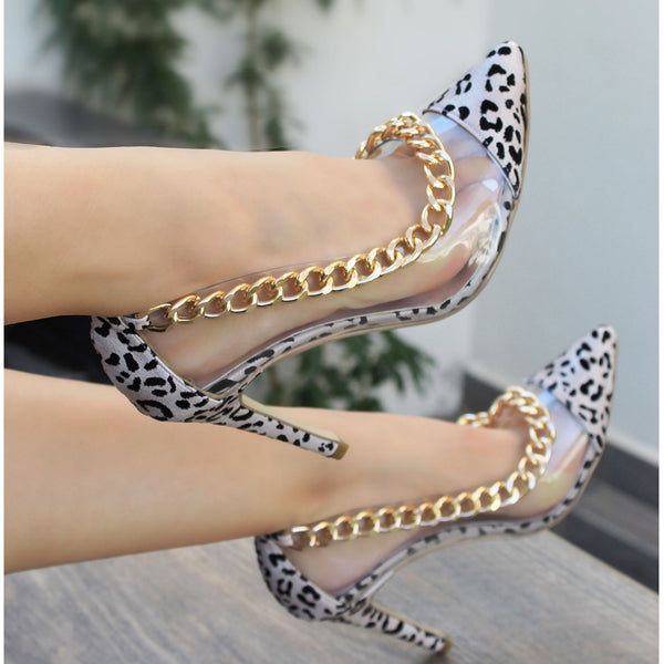 ZAPATILLA PUNTAL TRANSPARENTE/ANIMAL PRINT DE TACÓN DE AGUJA CON CADENA (MOD 1980)