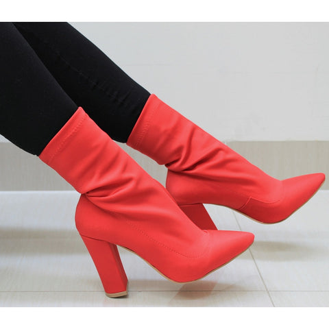 BOTÍN STILETTO STRETCH ROJO DE TACÓN GRUESO (MOD 1012)