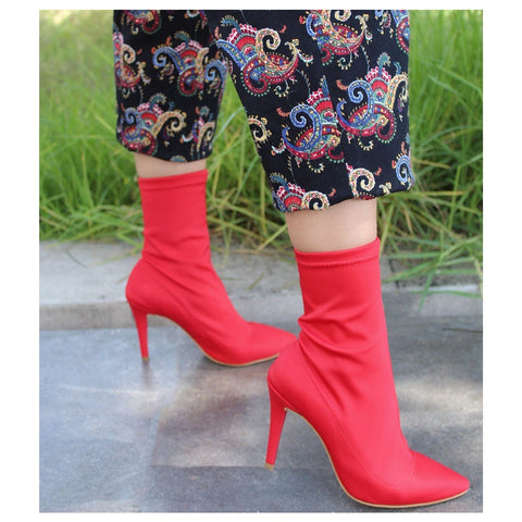 BOTÍN STILETTO STRETCH ROJO DE TACÓN DE AGUJA (MOD 1012)