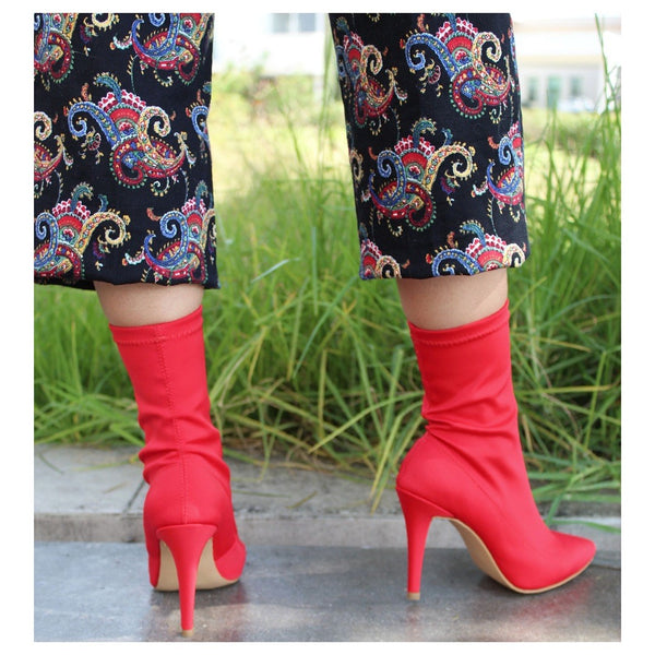 BOTÍN STILETTO STRETCH ROJO DE TACÓN DE AGUJA (MOD 1012)