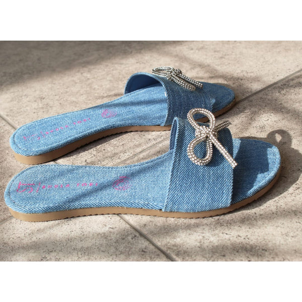 SANDALIA PLANA MEZCLILLA CON MOÑO Y PIEDRAS (MOD M-01 MOÑO)