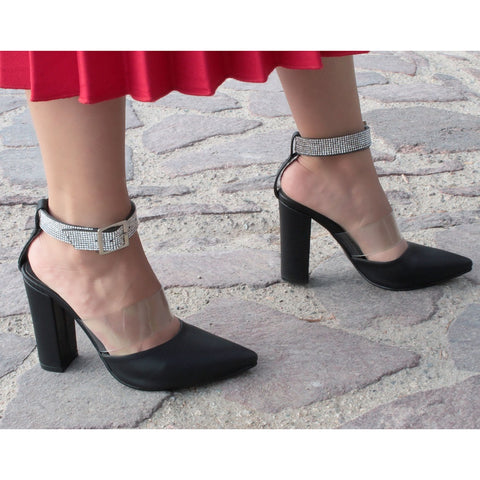 ZAPATILLA DE TACÓN GRUESO CON PIEDRAS Y TRANSPARENCIA (MOD 4019)