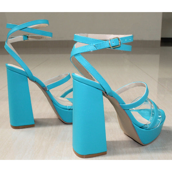 SANDALIA TURQUESA TRANSPARENTE DE TACÓN CAMPANA CON PLATAFORMA Y PULSERA (MOD 7140)